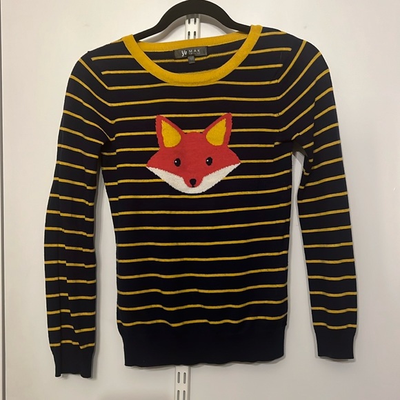 YEMAK Adorable Fox Face Round Neck Stripe Patterned Long Sleeve Pullover Sweater - Picture 2 of 3